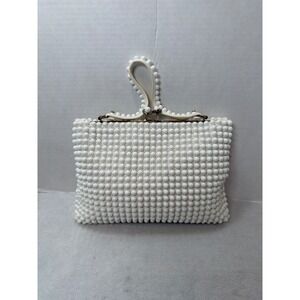 VTG 70s Grandee Bead Handbag Women Small White Faux Pearl Kiss Lock USA Retro